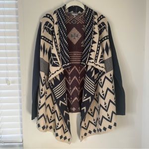 Aztec Print Asymmetrical Drape Front Open Long Cardigan